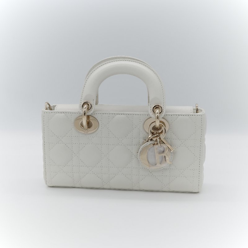 (專櫃 160,000) 近新品🎁 超級新 Dior 迪奧 Lady D-Joy Cannage 籐格紋 奶白色 羊皮 肩背包 小型手提包 附背帶-2