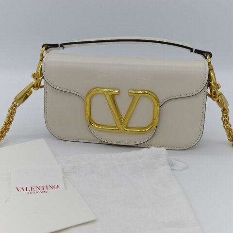 Valentino 范倫鐵諾 Locò 淺象牙白 金釦 小牛皮 鍊條 斜背包 肩背包