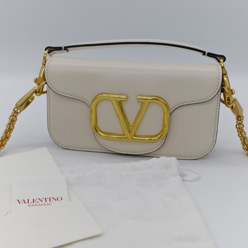 Valentino 范倫鐵諾 Locò 淺象牙白 金釦 小牛皮 鍊條 斜背包 肩背包-0