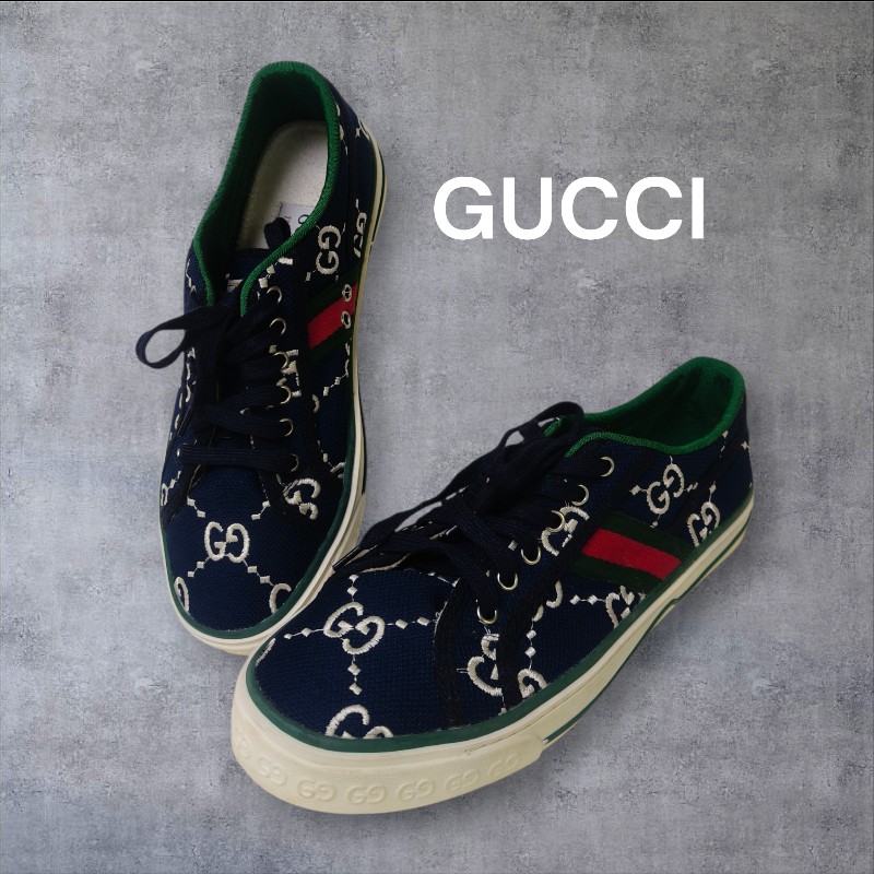 ㊣✨Gucci✨(附防塵袋)**尺寸42**古馳 藍色 老花 紅綠條 滿版 刺繡 布鞋 休閒鞋 便鞋/二手鞋/二手精品🌳二手樹屋🌳-0