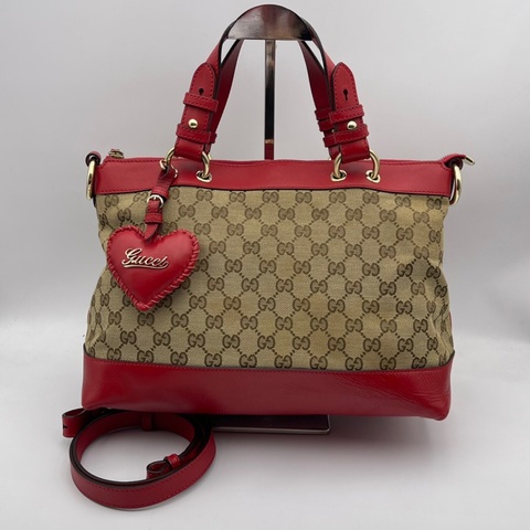 HJ260102FSZ) Gucci/古馳 愛心型掛飾帆布拼皮手提肩背包，尺寸約：32*16*23