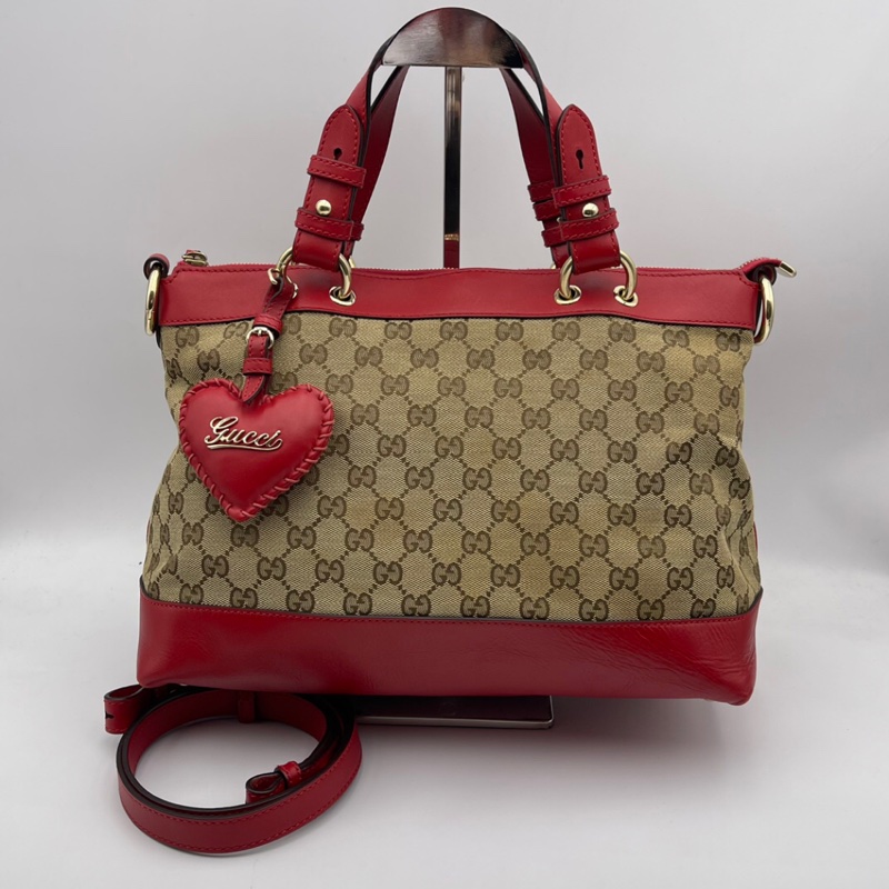 HJ260102FSZ) Gucci/古馳 愛心型掛飾帆布拼皮手提肩背包,尺寸約:32*16*23-0