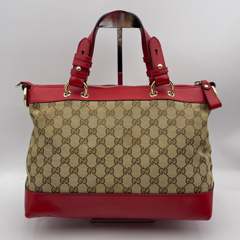 HJ260102FSZ) Gucci/古馳 愛心型掛飾帆布拼皮手提肩背包,尺寸約:32*16*23-1