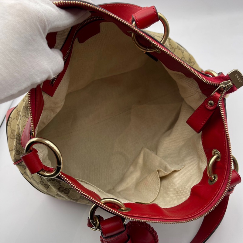 HJ260102FSZ) Gucci/古馳 愛心型掛飾帆布拼皮手提肩背包,尺寸約:32*16*23-3