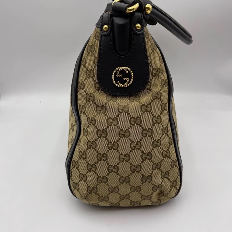Gucci古馳老花帆布拼皮腋下包 手提包,成色如圖-3