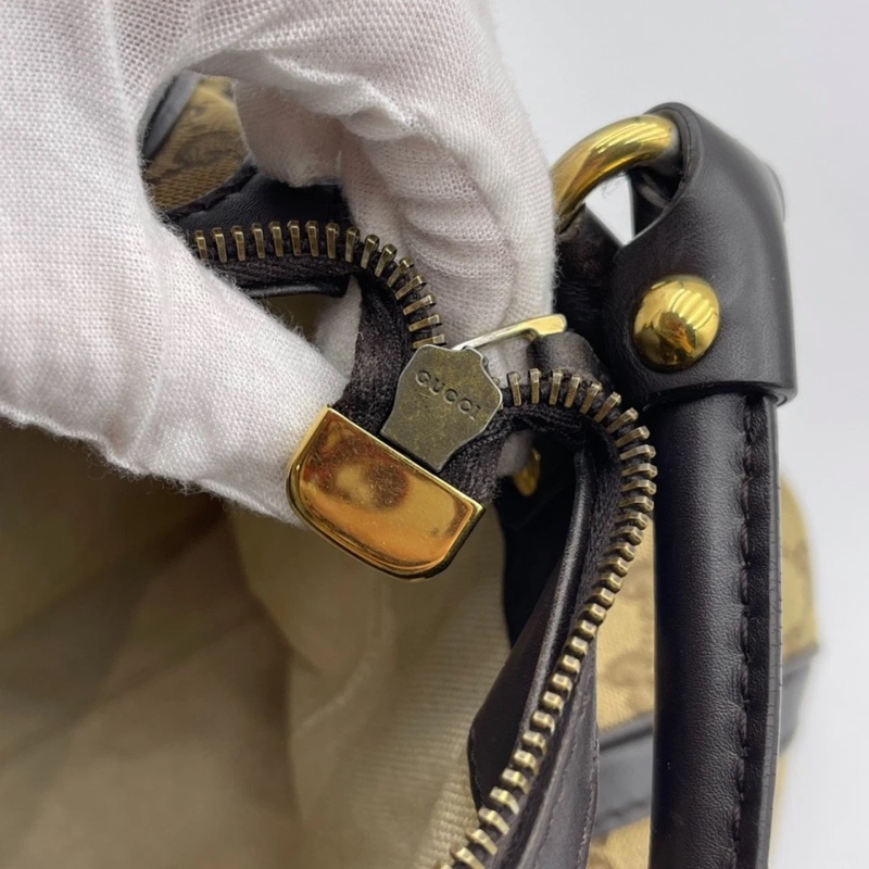 Gucci古馳老花帆布拼皮腋下包 手提包,成色如圖-15