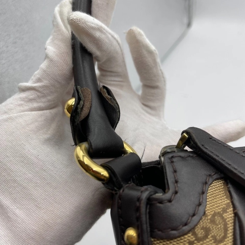 Gucci古馳老花帆布拼皮腋下包 手提包,成色如圖-17