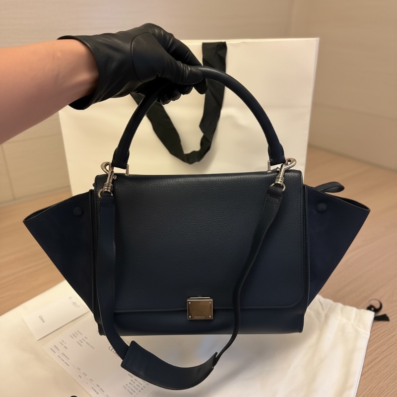 【絕版Céline Trapeze 鞦韆包】深藍拼接荔枝紋皮與麂皮|稀有鐵色五金|附台北微風專櫃購證、長背帶、防塵袋|少用近新保存良好-0
