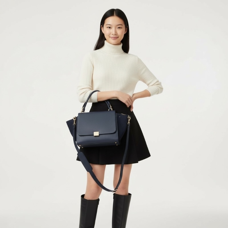 【絕版Céline Trapeze 鞦韆包】深藍拼接荔枝紋皮與麂皮|稀有鐵色五金|附台北微風專櫃購證、長背帶、防塵袋|少用近新保存良好-1