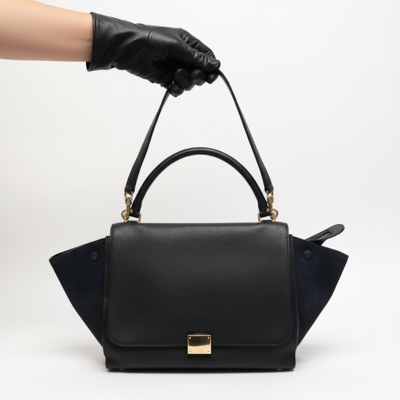 【絕版Céline Trapeze 鞦韆包】深藍拼接荔枝紋皮與麂皮|稀有鐵色五金|附台北微風專櫃購證、長背帶、防塵袋|少用近新保存良好-5