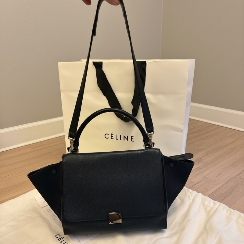 【絕版Céline Trapeze 鞦韆包】深藍拼接荔枝紋皮與麂皮|稀有鐵色五金|附台北微風專櫃購證、長背帶、防塵袋|少用近新保存良好-7