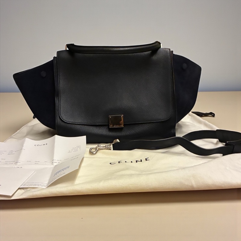 【絕版Céline Trapeze 鞦韆包】深藍拼接荔枝紋皮與麂皮|稀有鐵色五金|附台北微風專櫃購證、長背帶、防塵袋|少用近新保存良好-8