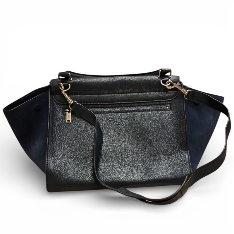 【絕版Céline Trapeze 鞦韆包】深藍拼接荔枝紋皮與麂皮|稀有鐵色五金|附台北微風專櫃購證、長背帶、防塵袋|少用近新保存良好-9