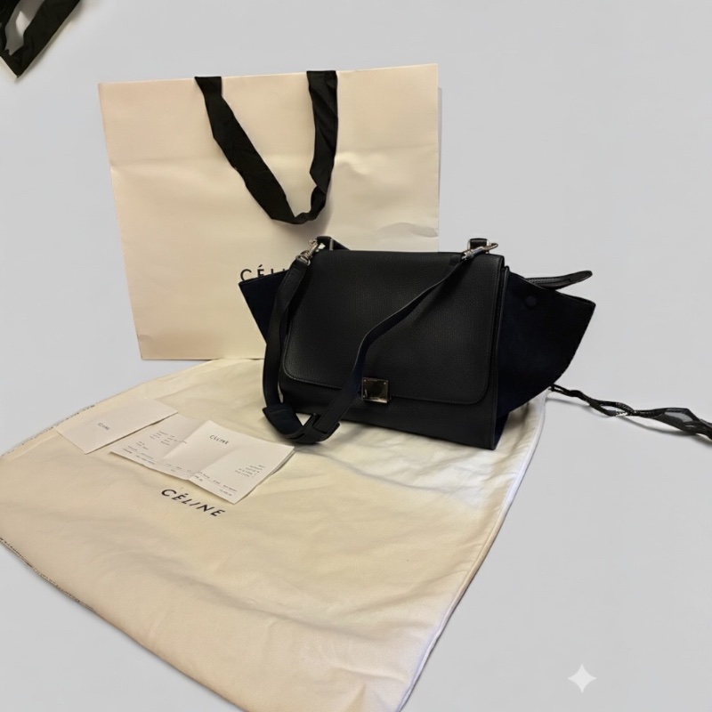 【絕版Céline Trapeze 鞦韆包】深藍拼接荔枝紋皮與麂皮|稀有鐵色五金|附台北微風專櫃購證、長背帶、防塵袋|少用近新保存良好-26