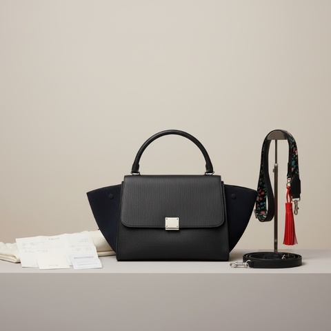 【絕版Céline Trapeze 鞦韆包】深藍拼接荔枝紋皮與麂皮｜稀有鐵色五金｜附台北微風專櫃購證、長背帶、防塵袋｜贈 Kate Spade 全新花卉刺繡寬背帶/紅皮流蘇組