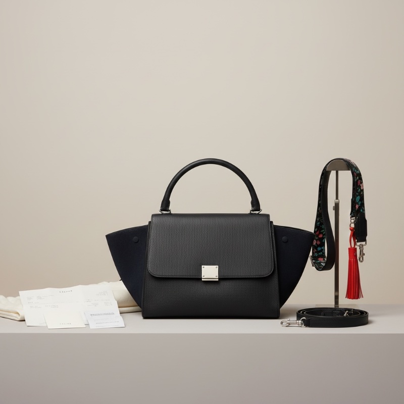 【絕版Céline Trapeze 鞦韆包】深藍拼接荔枝紋皮與麂皮|稀有鐵色五金|附台北微風專櫃購證、長背帶、防塵袋|贈 Kate Spade 全新花卉刺繡寬背帶/紅皮流蘇組-0