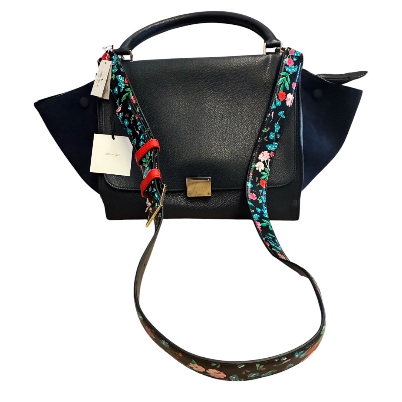 【絕版Céline Trapeze 鞦韆包】深藍拼接荔枝紋皮與麂皮|稀有鐵色五金|附台北微風專櫃購證、長背帶、防塵袋|贈 Kate Spade 全新花卉刺繡寬背帶/紅皮流蘇組-9