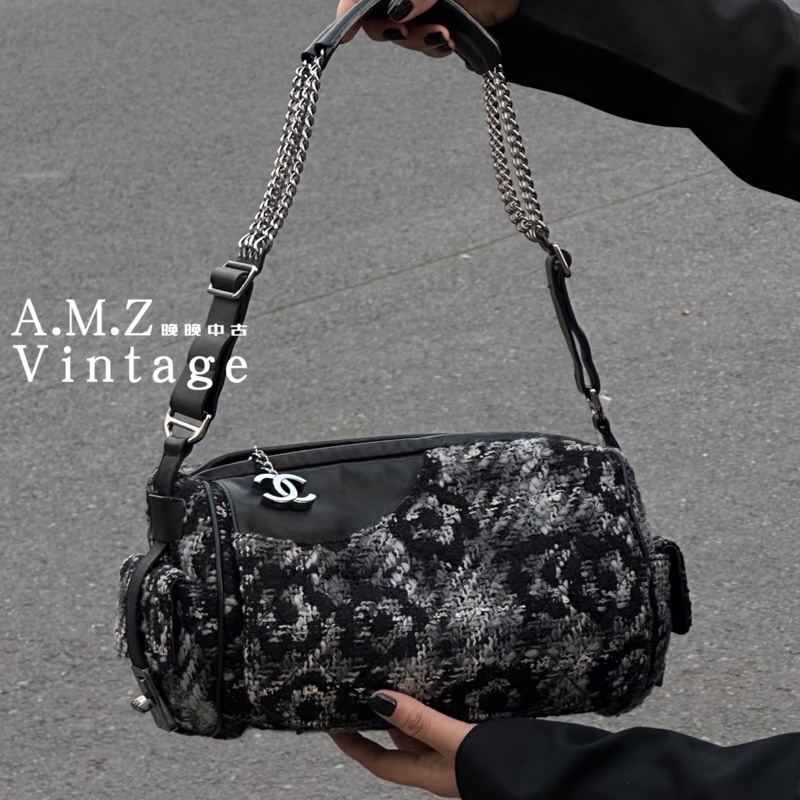 Chanel • 山茶花黑白毛呢拼皮多鏈條圓筒包 全網唯一-1