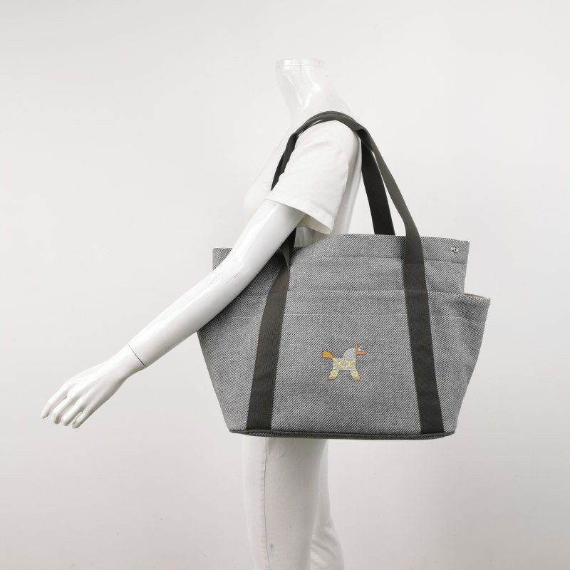 Hermes AnimauxNattes單肩包帆布銀扣灰色米白色 9.8新-1