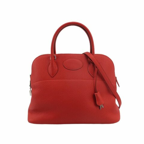 Hermes Bolide保齡球包35弧線造型手提包單肩包Clemence(TC)牛皮銀扣S5番茄紅X刻