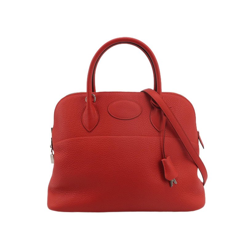 Hermes Bolide保齡球包35弧線造型手提包單肩包Clemence(TC)牛皮銀扣S5番茄紅X刻-0