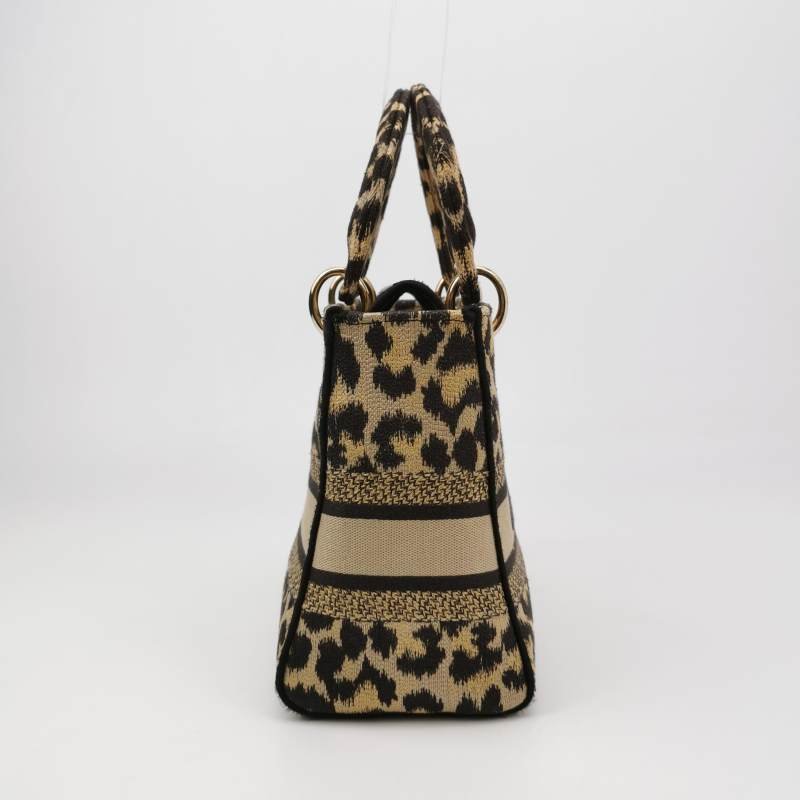 Dior Lady Dior戴妃包中號帆布拼色字母Logo吊飾斜挎包單肩包-3