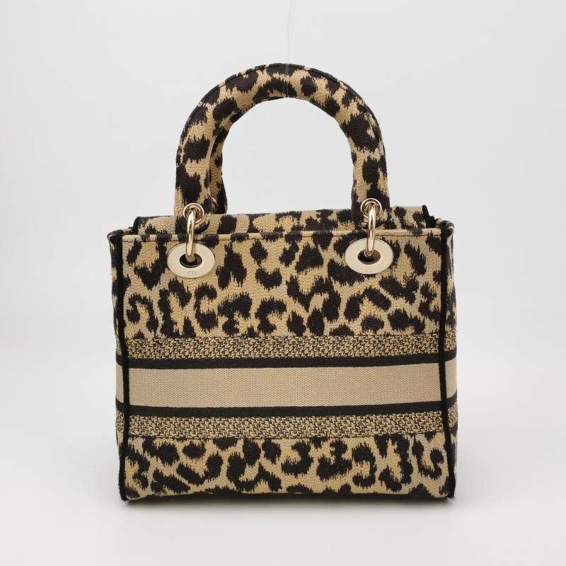 Dior Lady Dior戴妃包中號帆布拼色字母Logo吊飾斜挎包單肩包-4