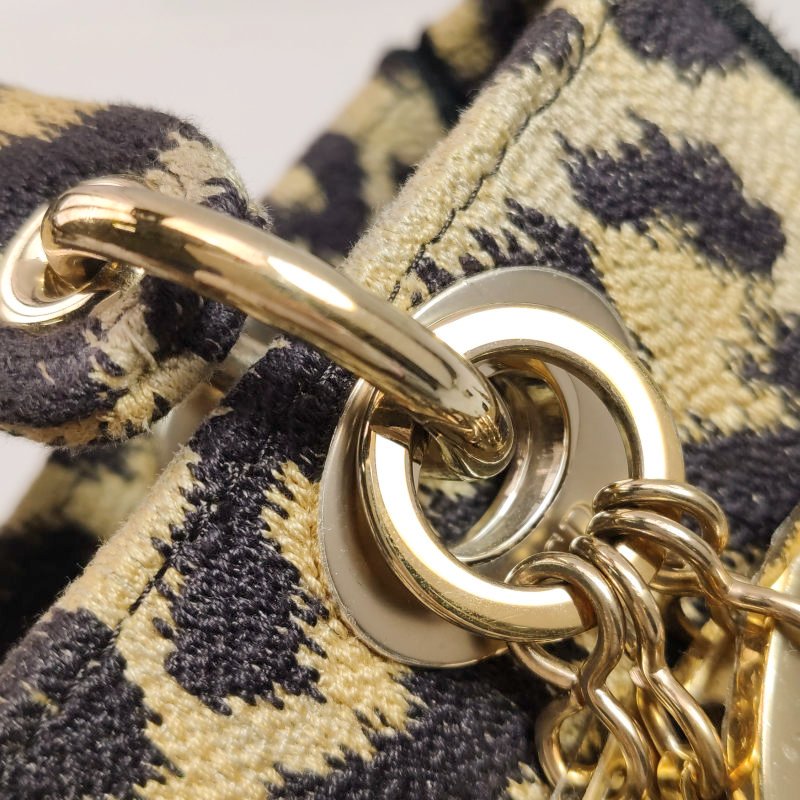 Dior Lady Dior戴妃包中號帆布拼色字母Logo吊飾斜挎包單肩包-13