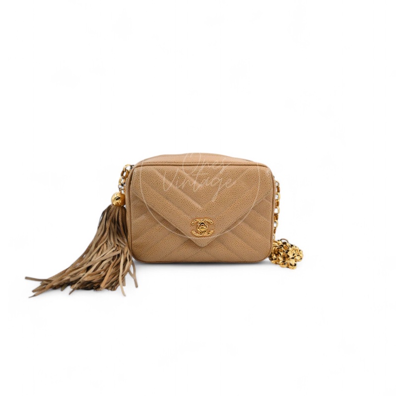 [Pre-owned] Chanel Beige Caviar V Stitch Fringe Mini Camera Bag-0