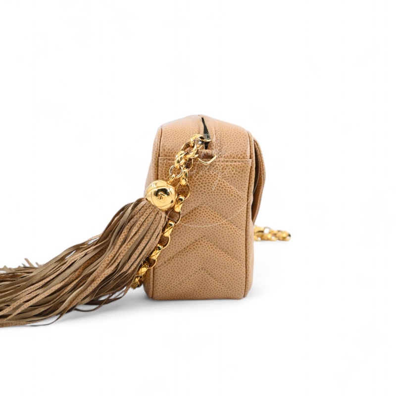 [Pre-owned] Chanel Beige Caviar V Stitch Fringe Mini Camera Bag-1