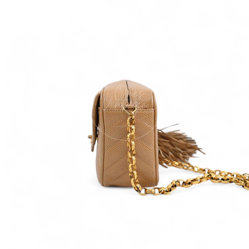 [Pre-owned] Chanel Beige Caviar V Stitch Fringe Mini Camera Bag-3