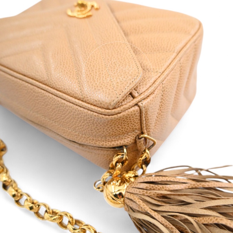 [Pre-owned] Chanel Beige Caviar V Stitch Fringe Mini Camera Bag-9