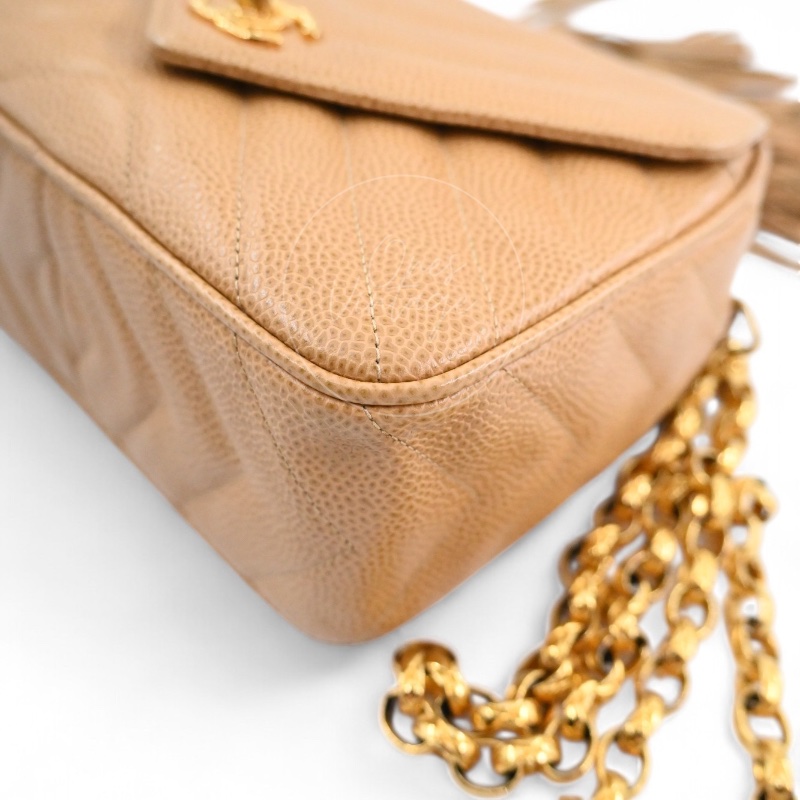 [Pre-owned] Chanel Beige Caviar V Stitch Fringe Mini Camera Bag-23