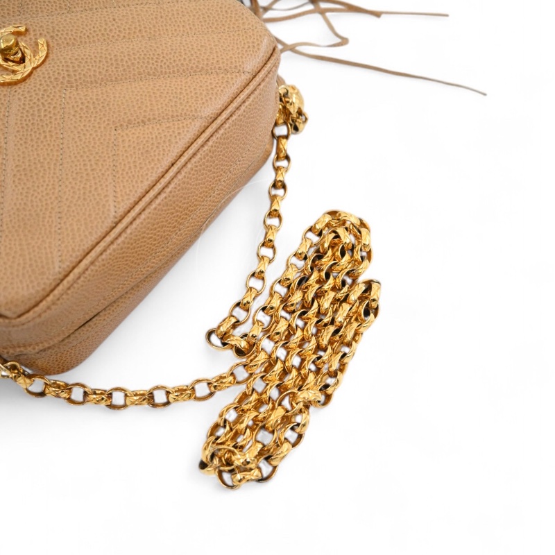 [Pre-owned] Chanel Beige Caviar V Stitch Fringe Mini Camera Bag-27