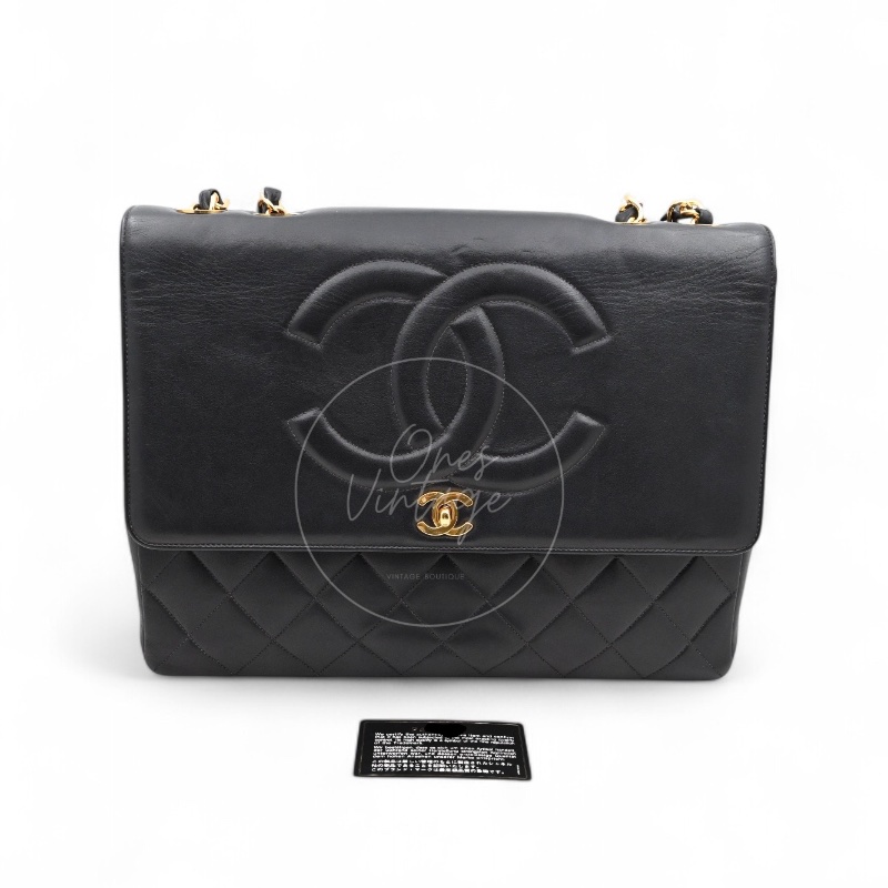 [Pre-owned] Chanel Vintage Maxi CC Black lambskin Straight Flap Bag-6