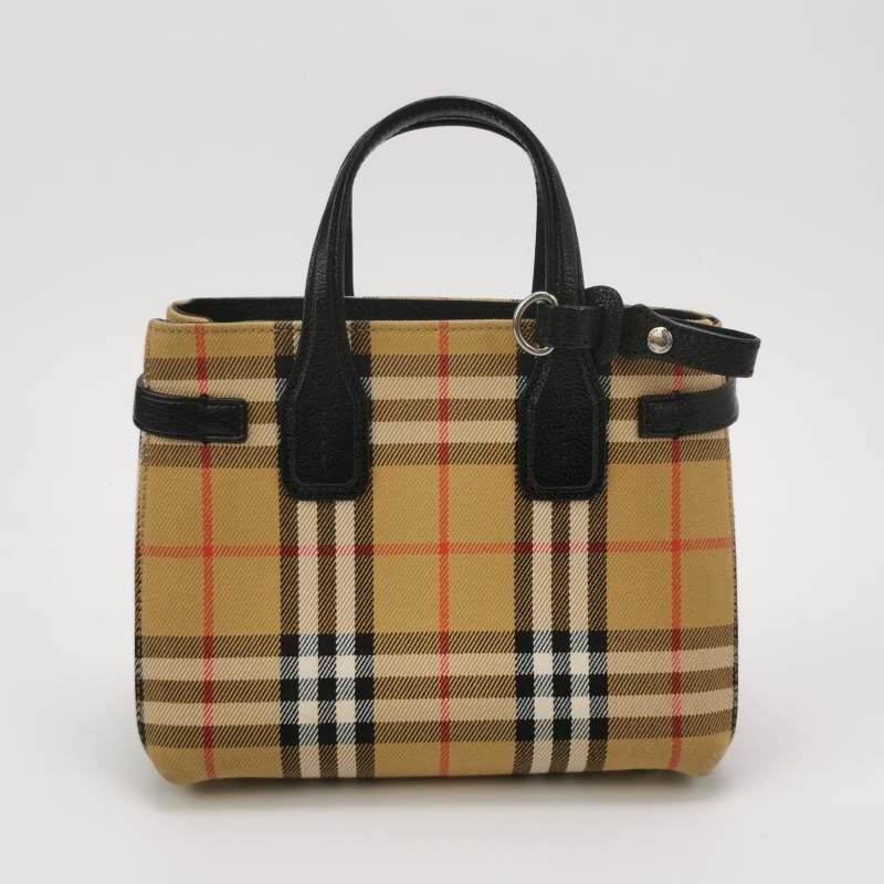 Burberry The Banner班納迷你羊皮帆布Vintage格紋雙搭扣手提包-4