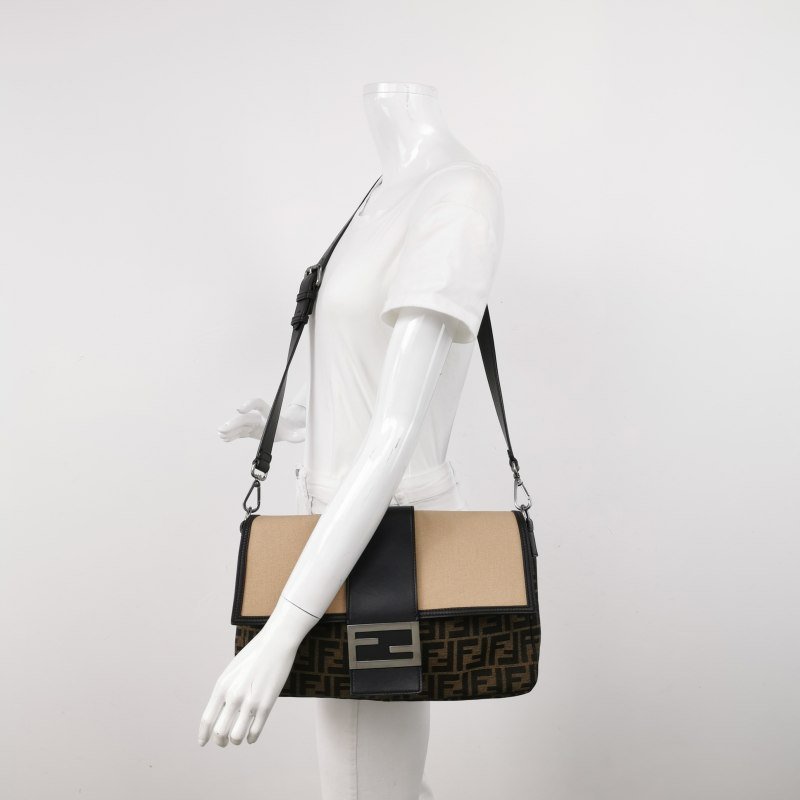 Fendi Baguette法棍包牛皮帆布拼色雙F搭扣斜挎包單肩包-1