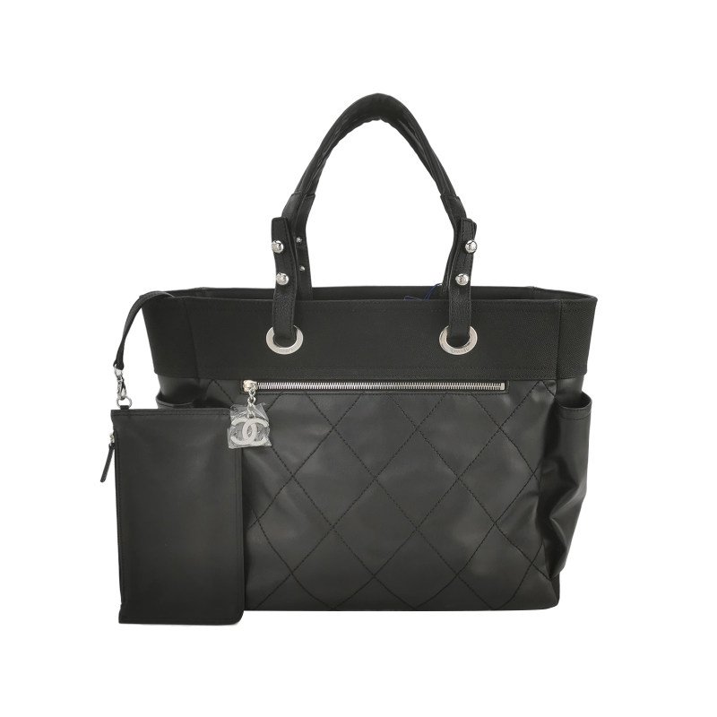 Chanel羊皮帆布塗層帆布純色菱格絎縫雙C Logo子母包單肩包-0