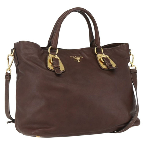 PRADA 手提包 皮革 兩用 棕色 金色 正品 yk20126V
