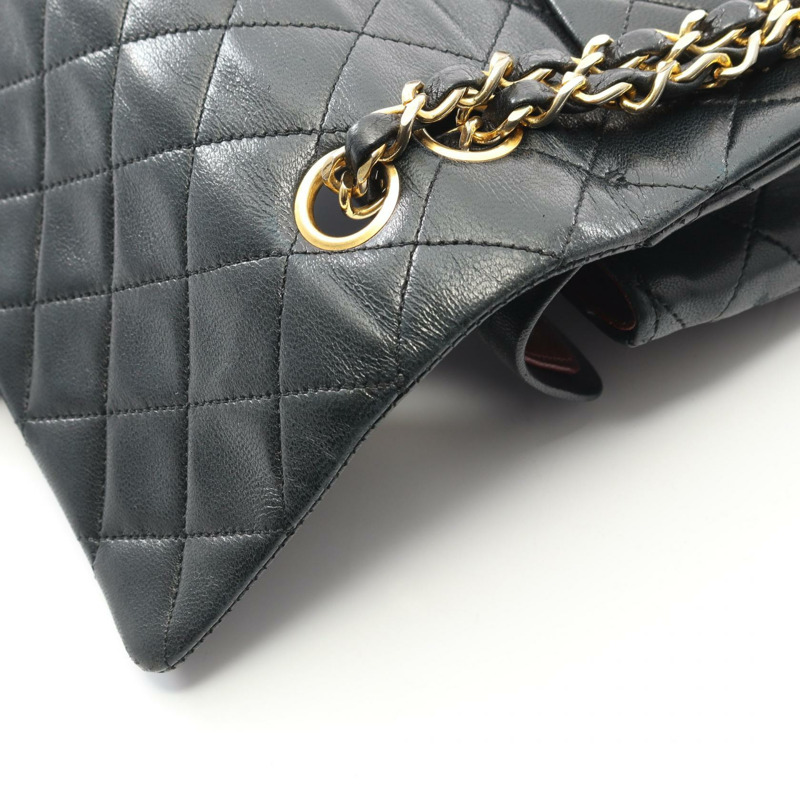 香奈兒 (CHANEL) Matelasse W 翻蓋鏈條單肩包,羊皮材質,黑色,二手,女士款,金色五金-7