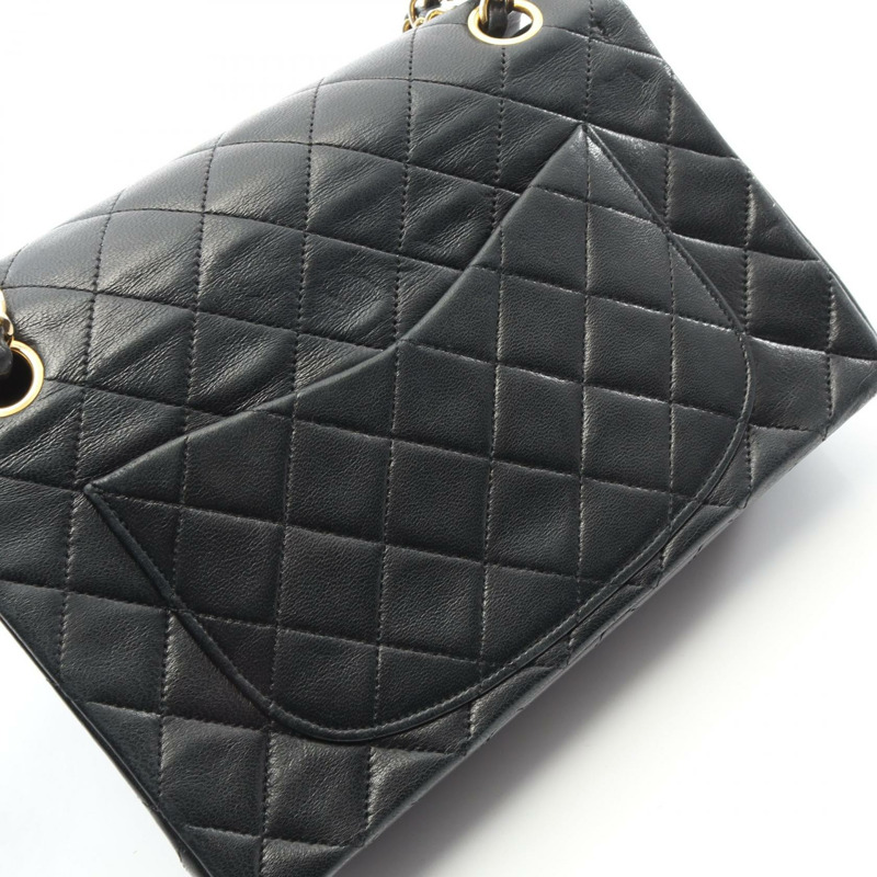 香奈兒 (CHANEL) Matelasse W 翻蓋鏈條單肩包,羊皮材質,黑色,二手,女士款,金色五金-8