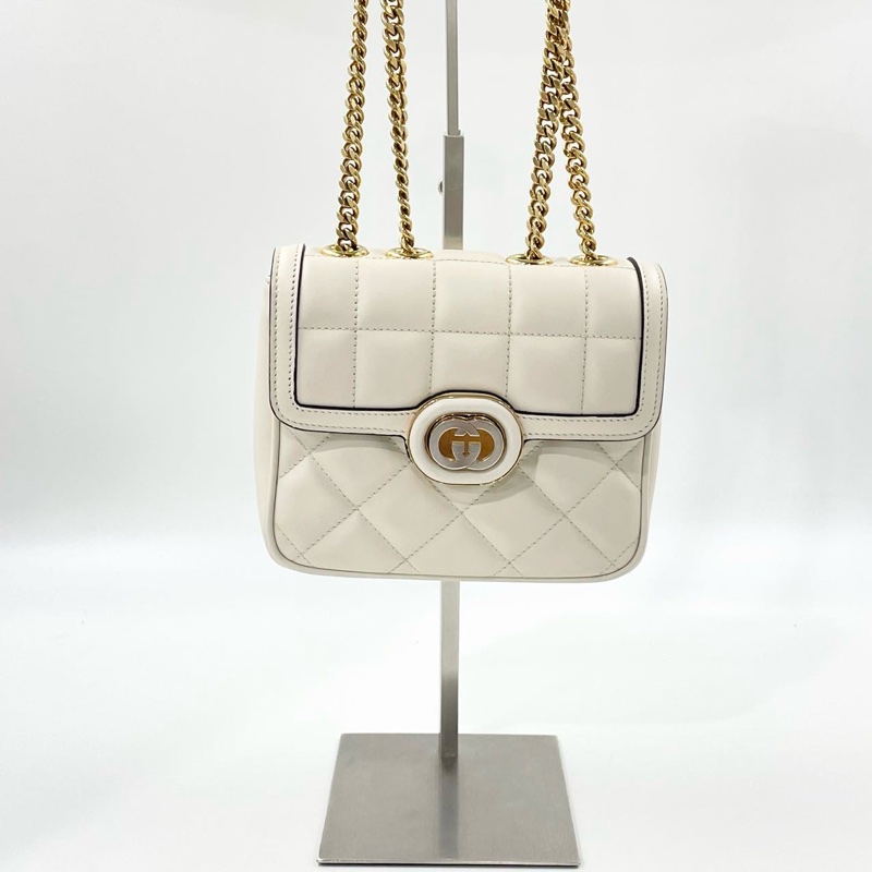 GUCCI古馳 Deco系列 白色鏈條包，小號豆腐包壓扣秀款-0