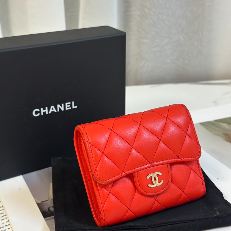 CHANEL 經典羊皮零錢袋三折短夾 - 紅銀27開-1