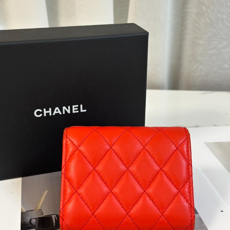 CHANEL 經典羊皮零錢袋三折短夾 - 紅銀27開-3
