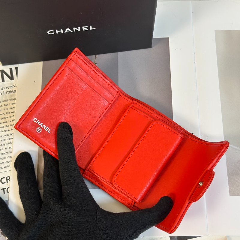 CHANEL 經典羊皮零錢袋三折短夾 - 紅銀27開-4