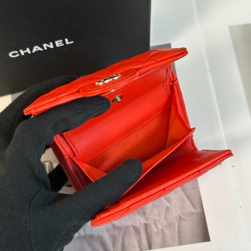 CHANEL 經典羊皮零錢袋三折短夾 - 紅銀27開-5