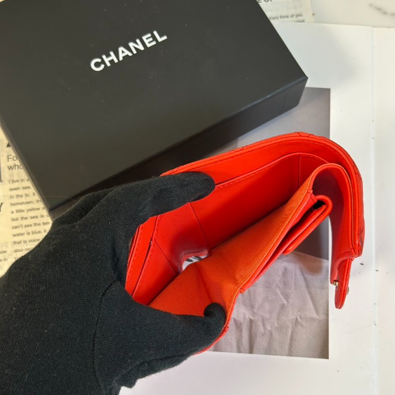 CHANEL 經典羊皮零錢袋三折短夾 - 紅銀27開-6
