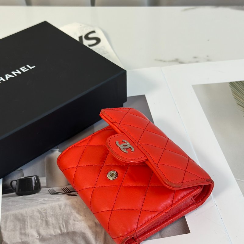 CHANEL 經典羊皮零錢袋三折短夾 - 紅銀27開-7