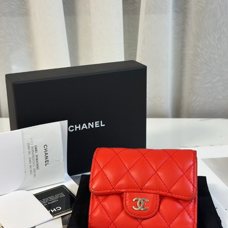 CHANEL 經典羊皮零錢袋三折短夾 - 紅銀27開-8