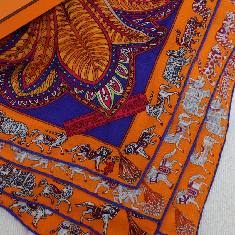 HERMES Le jardin de maharani君妃花園披肩 140 - 橘紅-1